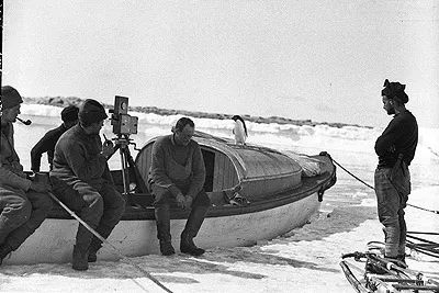 motor launch at ice front Boat Harbour Cape Denison Madigan Gillies behind Hodgeman Mawson Blake