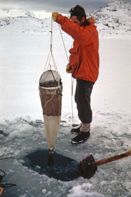 Barry Heywood lowering a sampling net