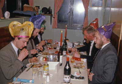 Midwinter 1963, left: John Chambers, Peter Hobbs, Bailey, A.D., right: Fred Topliffe, Peter Tilbrook